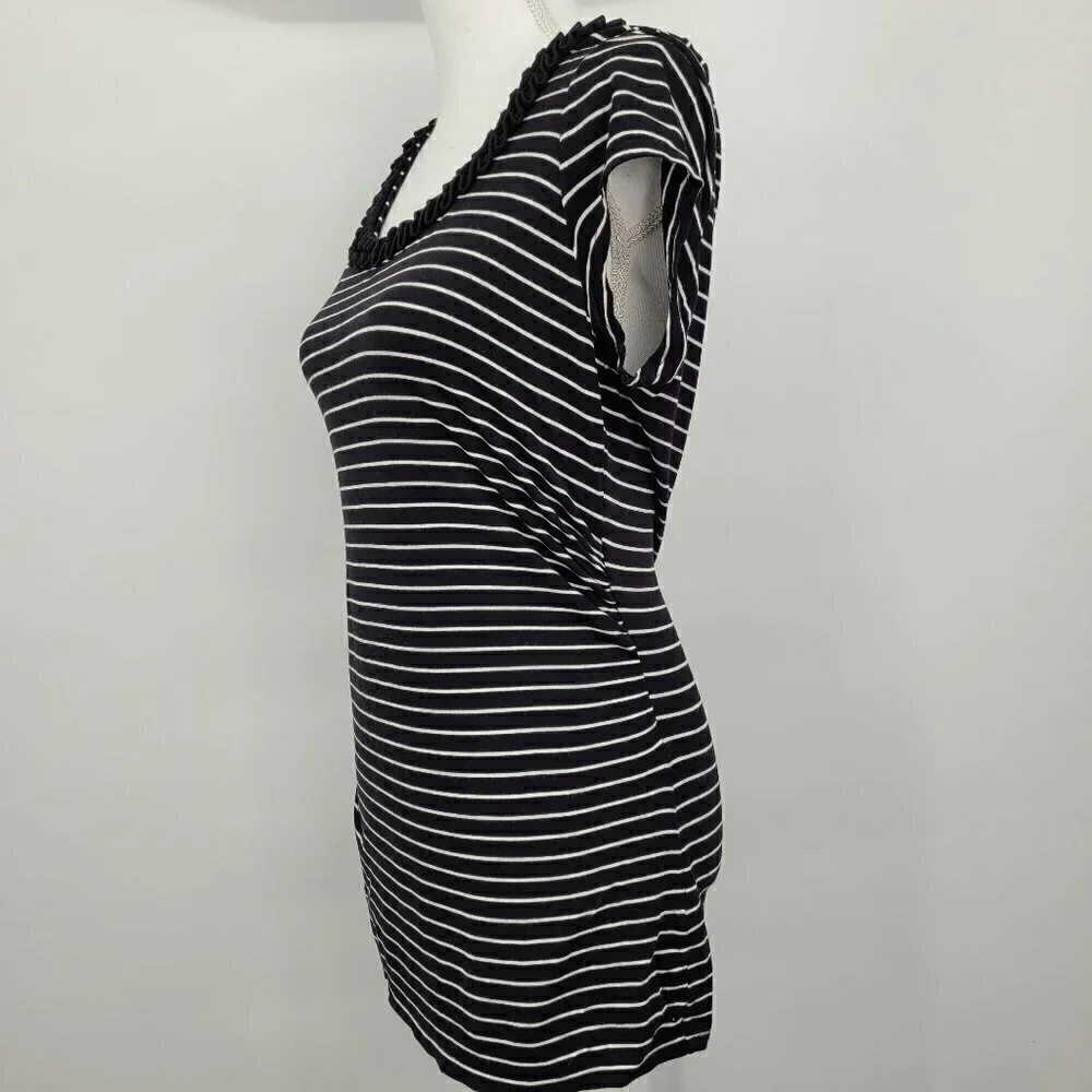 WHBM Ruffle Neckline Black & White Striped Tee - Picture 2 of 11